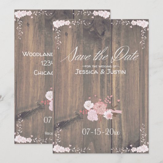 Rustic Wooden Wedding Flat Save the Date Card (Voorkant / Achterkant)
