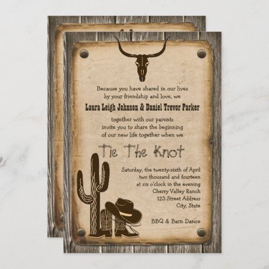 Rustic Wooden Western Style Wedding Uitnodiging 2 (Voorkant / Achterkant)