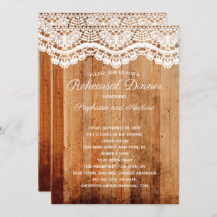 Rustic Wooden White Lace Country Rehearsal Dinner Kaart