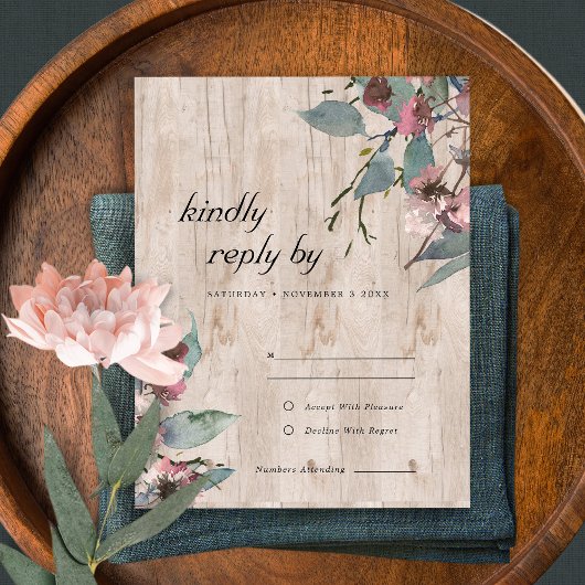 Rustic Wooden Wilde Roze Eucalyptus Floral Wedding RSVP Kaartje