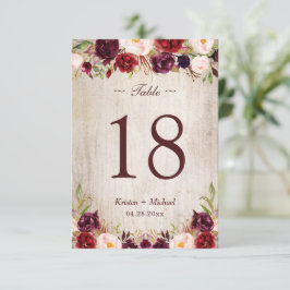 Rustic Woodgrain Burgundy Floral Table Number Kaar RSVP Kaartje