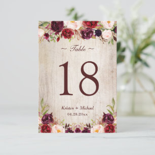Rustic Woodgrain Burgundy Floral Table Number Kaar RSVP Kaartje
