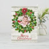 Rustic Woodgrain en Wreate kerstfotokaart Feestdagenkaart (Staand voorkant)