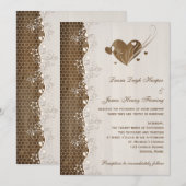 Rustic Woodgrain Floral Lace Hearts Wedding Invite Kaart (Voorkant / Achterkant)