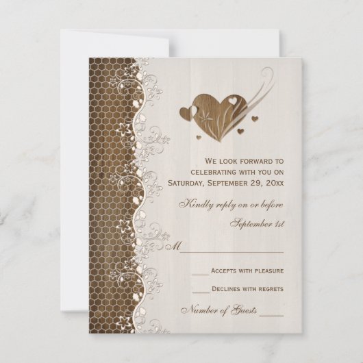 Rustic Woodgrain Floral Lace Hearts Wedding RSVP (Voorkant)