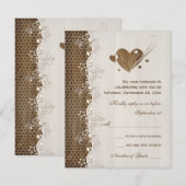 Rustic Woodgrain Floral Lace Hearts Wedding RSVP (Voorkant / Achterkant)