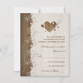 Rustic Woodgrain Floral Lace Hearts Wedding RSVP