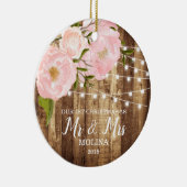 Rustic Woodgrain & Pink Floral de heer Mrs. Pas ge Keramisch Ornament (Rechts)