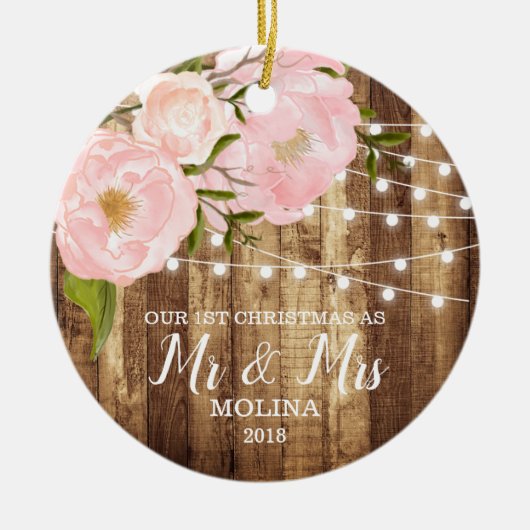 Rustic Woodgrain & Pink Floral de heer Mrs. Pas ge Keramisch Ornament (Voorkant)