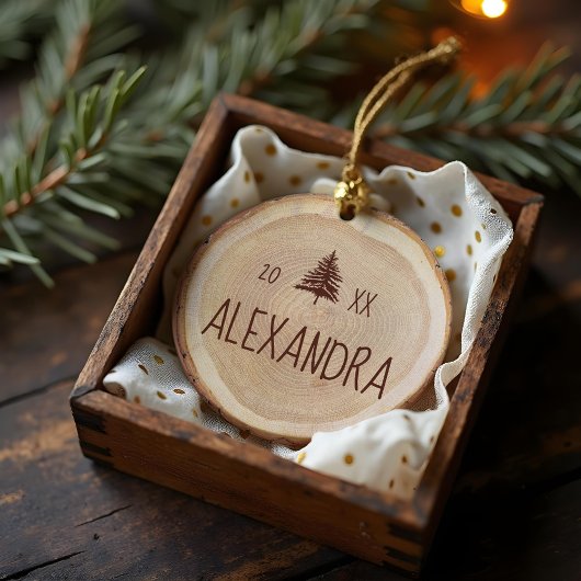 Rustic Woodgrain Slice Persoonlijke naam & foto Keramisch Ornament