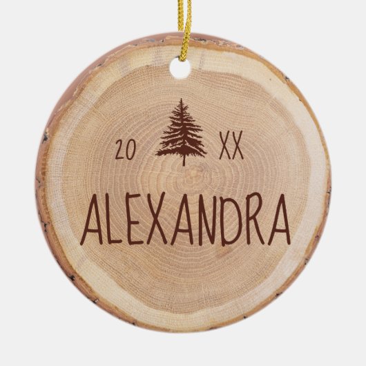 Rustic Woodgrain Slice Persoonlijke naam & foto Keramisch Ornament (Voorkant)