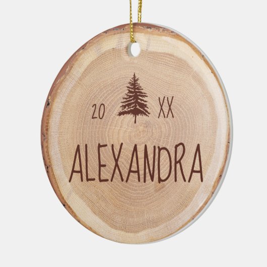 Rustic Woodgrain Slice Persoonlijke naam & foto Keramisch Ornament (Links)