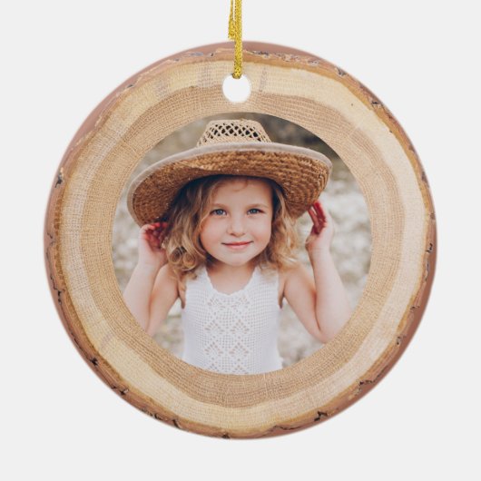 Rustic Woodgrain Slice Persoonlijke naam & foto Keramisch Ornament (Achterkant)