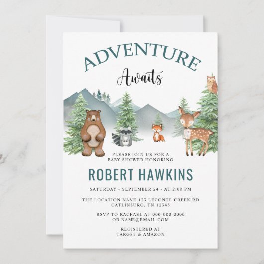 Rustic Woodland Adventure Awaits Baby shower Kaart (Voorkant)