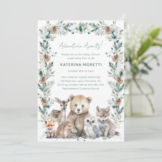 Rustic Woodland Adventure Awaits Baby shower Kaart (Staand voorkant)