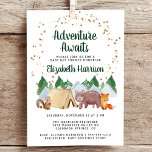 Rustic Woodland Animals Adventure Baby shower Kaart<br><div class="desc">De uitnodiging tot het baby shower van de zoete bijtende is een schattige illustratie van de bosbouwhuisdieren met hun tententjes in de bergen en het bos, een bedekking van gouden sterren en "Awaits" en de naam van de moeder-op-zijn in een donker jager-groen script. Pas de details van de douche eenvoudig...</div>