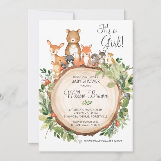 Rustic Woodland Animals Baby shower Girl Kaart (Voorkant)