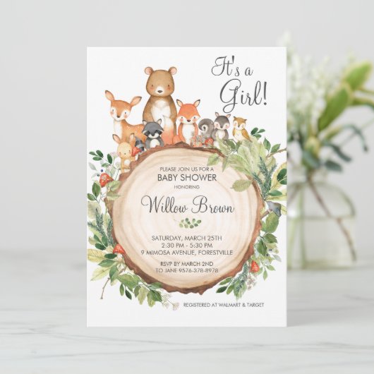 Rustic Woodland Animals Baby shower Girl Kaart (Staand voorkant)