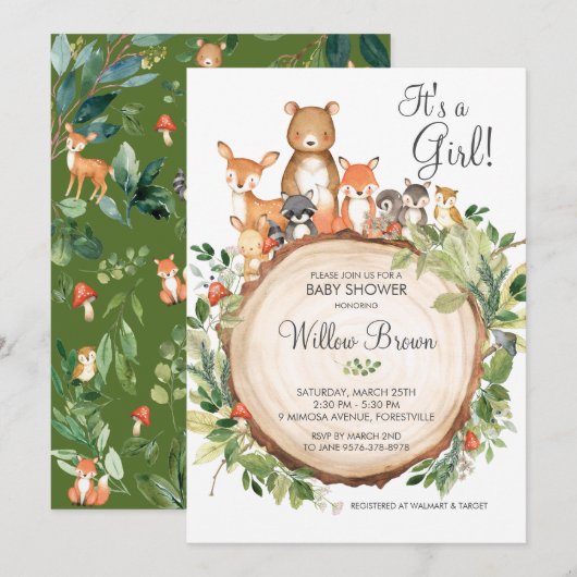 Rustic Woodland Animals Baby shower Girl Kaart (Voorkant / Achterkant)