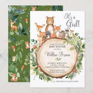 Rustic Woodland Animals Baby shower Girl Kaart
