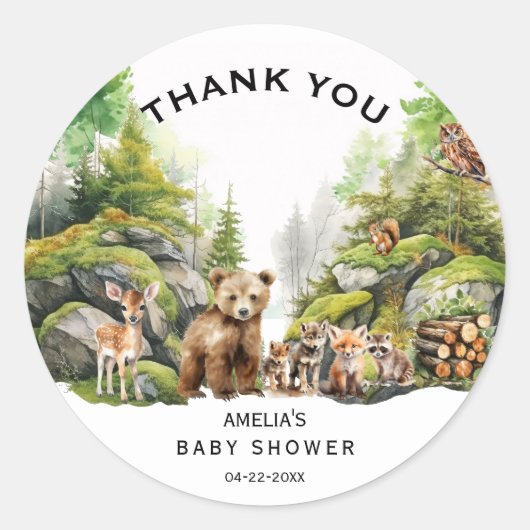 Rustic Woodland Animals Baby shower Hartelijk dank Ronde Sticker (Voorkant)