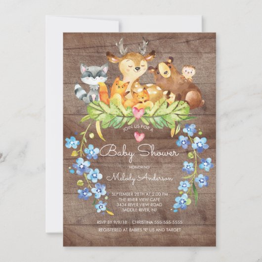 Rustic Woodland Animals Baby shower Invitation Kaart (Voorkant)