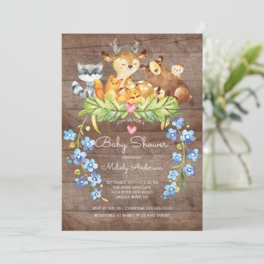 Rustic Woodland Animals Baby shower Invitation Kaart (Staand voorkant)