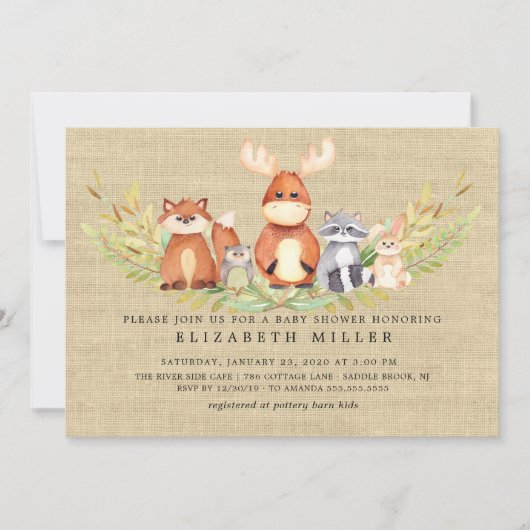 Rustic Woodland Animals Baby shower Invitation Kaart (Voorkant)