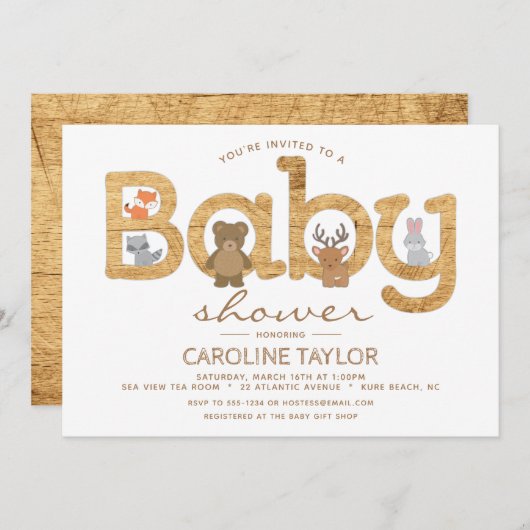 Rustic Woodland Animals Baby shower Invitation Kaart (Voorkant / Achterkant)