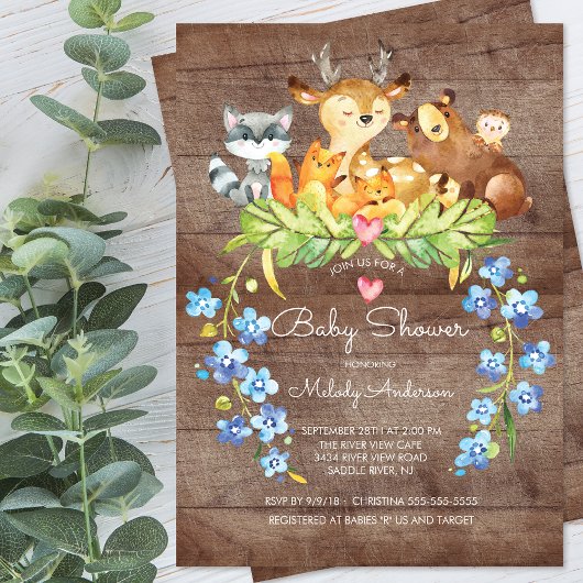 Rustic Woodland Animals Baby shower Invitation Kaart