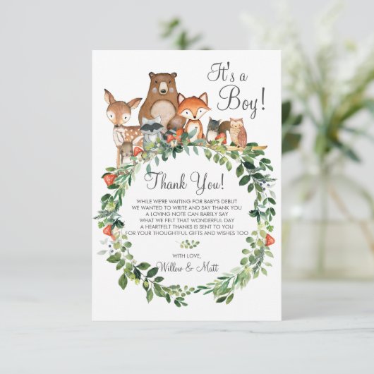 Rustic Woodland Animals Baby shower Neutral Boy Bedankkaart (Staand voorkant)