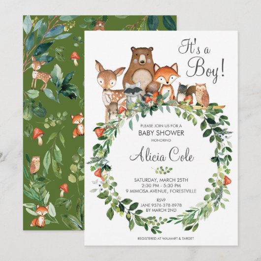 Rustic Woodland Animals Baby shower Neutral Boy Kaart (Voorkant / Achterkant)