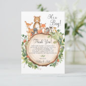 Rustic Woodland Animals Baby shower Sprinkle Boy Bedankkaart (Staand voorkant)