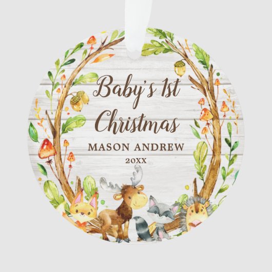 Rustic Woodland Animals Baby's eerste Kerstmis Ornament (voorkant)