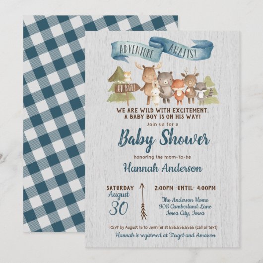 Rustic Woodland Animals Boy Baby shower Kaart (Voorkant / Achterkant)