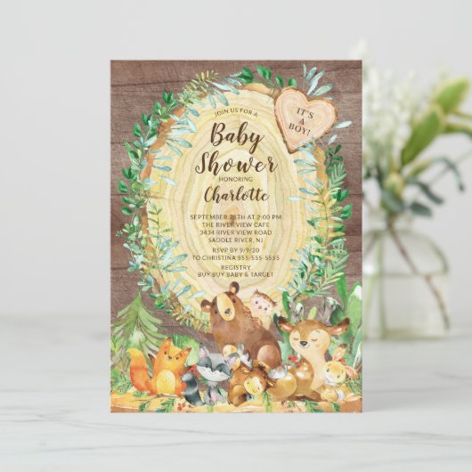 Rustic Woodland Animals Boys Baby shower Kaart (Staand voorkant)