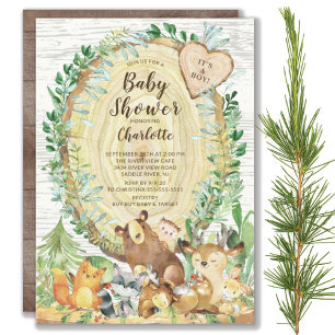 Rustic Woodland Animals Boys Baby shower Kaart