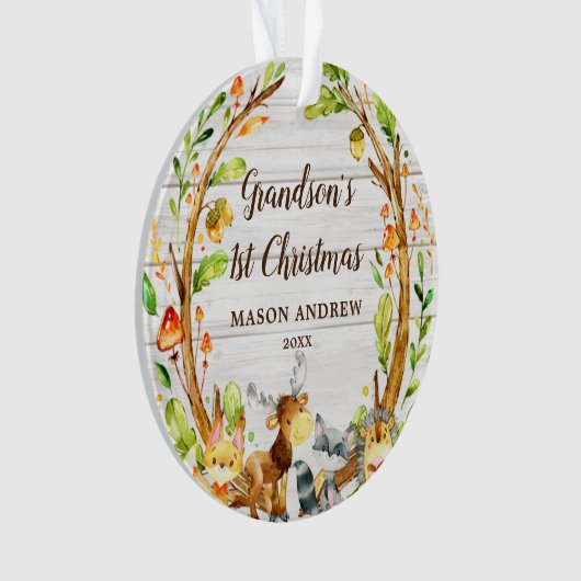 Rustic Woodland Animals Grandson's first Kerstmis Ornament (voorkant)