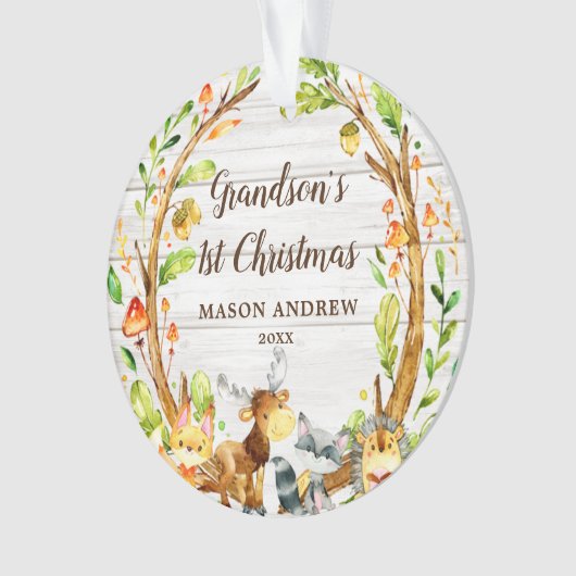 Rustic Woodland Animals Grandson's first Kerstmis Ornament (voorkant)