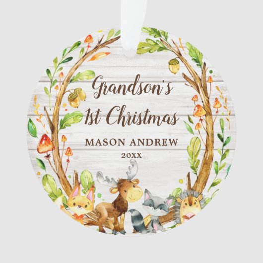 Rustic Woodland Animals Grandson's first Kerstmis Ornament (voorkant)