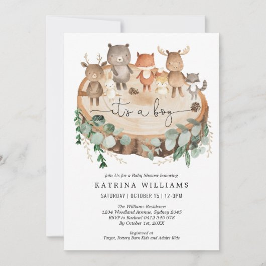 Rustic Woodland Animals Greenery Boy Baby shower Kaart (Voorkant)