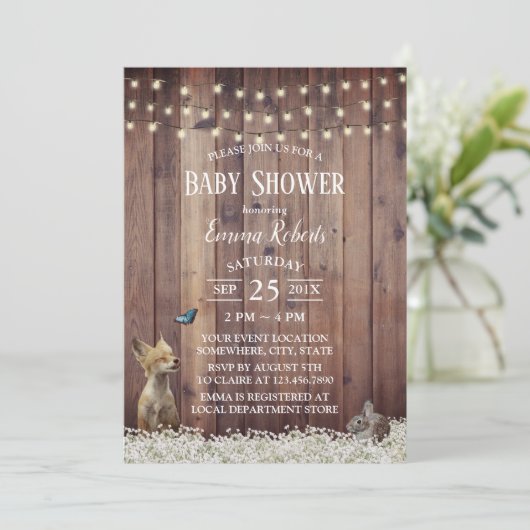 Rustic Woodland Animals String Light Baby shower Kaart (Staand voorkant)