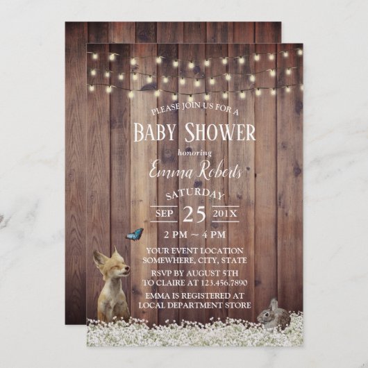 Rustic Woodland Animals String Light Baby shower Kaart (Voorkant / Achterkant)