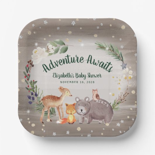 Rustic Woodland Animals Winter Baby shower Papieren Bordje (Voorkant)