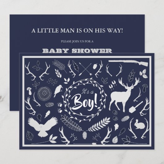 Rustic Woodland Baby Boy Shower (Navy Blue) Kaart (Voorkant / Achterkant)