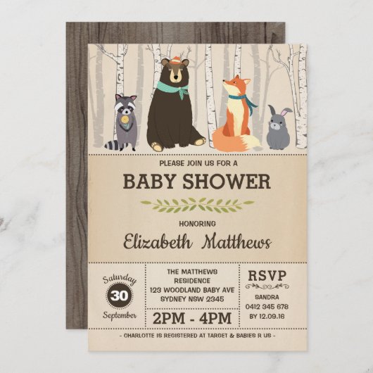 Rustic Woodland Baby shower Forest Animals Kaart (Voorkant / Achterkant)
