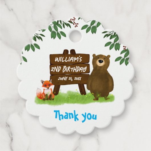 Rustic Woodland Bear Fox Forest Animals Birthday Bedankjes Labels (Voorkant)
