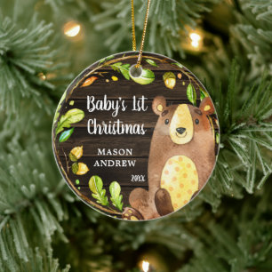 Rustic Woodland Beer Baby's Eerste Kerstmis Keramisch Ornament