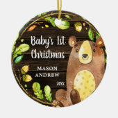 Rustic Woodland Beer Baby's Eerste Kerstmis Keramisch Ornament (Voorkant)