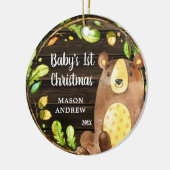 Rustic Woodland Beer Baby's Eerste Kerstmis Keramisch Ornament (Links)